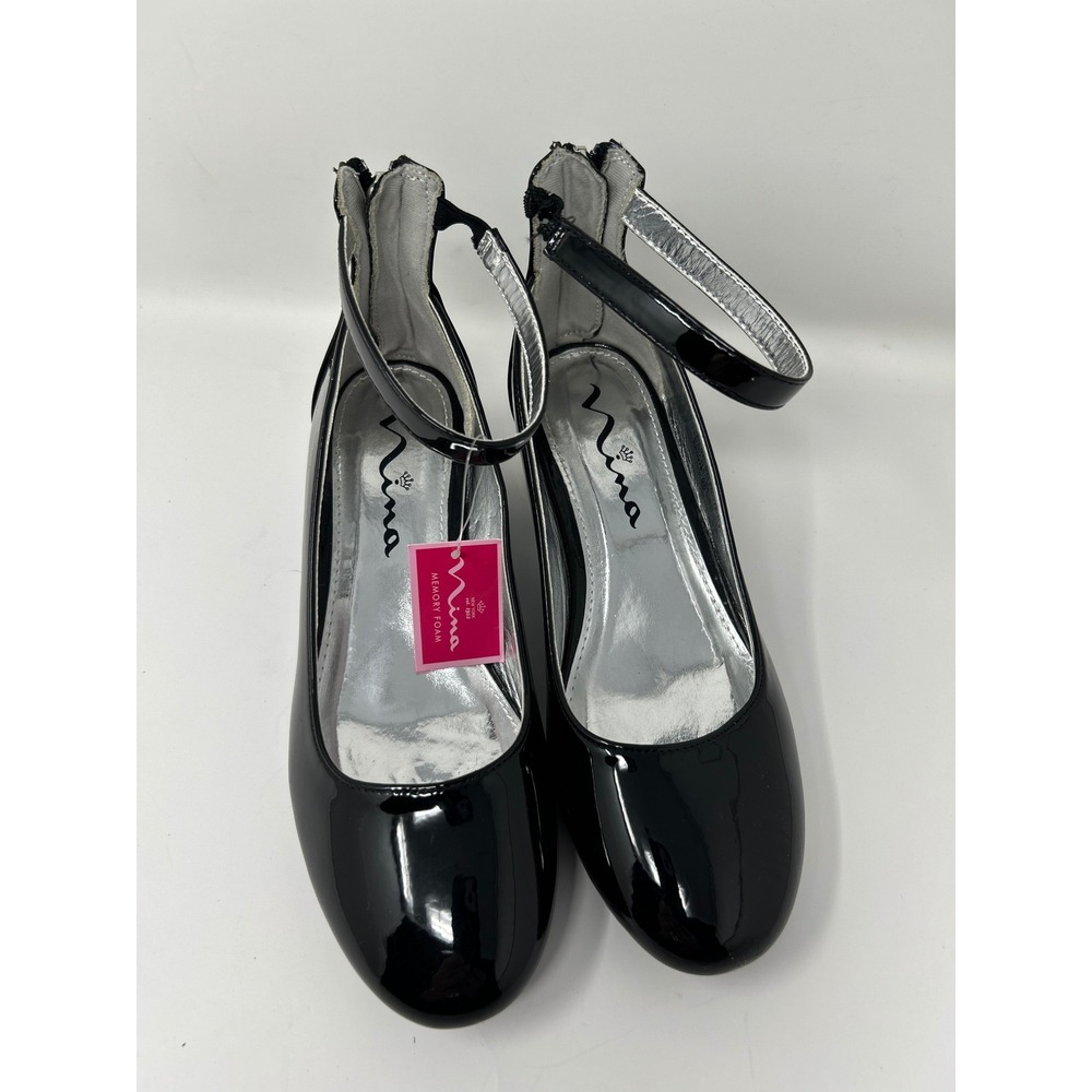 Nina Kids Girls Size 4M Black Patent Leather Ankle Strap Dress Shoes Block Heel